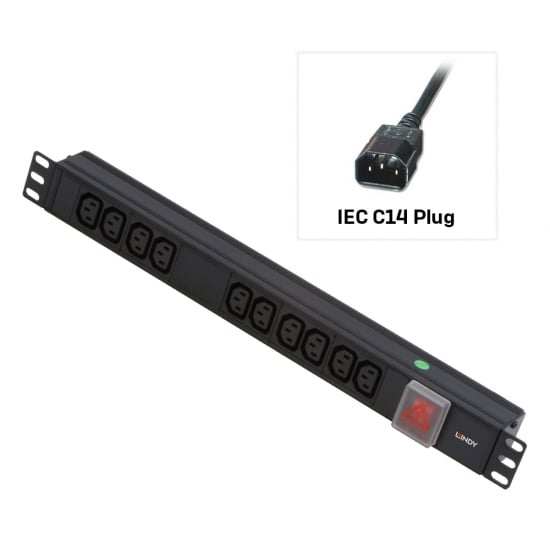 1U 10 Way IEC Sockets, Horizontal PDU with IEC Mains Cable