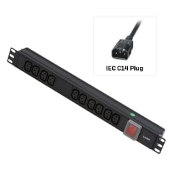 1U 10 Way IEC Sockets, Horizontal PDU with IEC Mains Cable