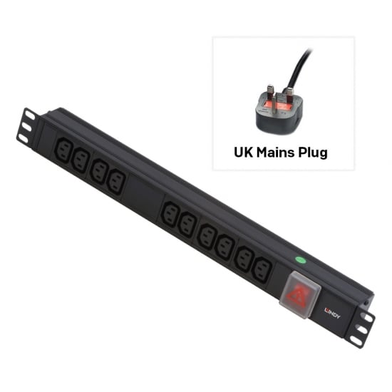 1U 10 Way IEC Sockets, Horizontal PDU with UK Mains Plug