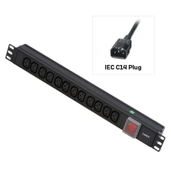 1U 12 Way IEC Sockets, Horizontal PDU with IEC Mains Cable