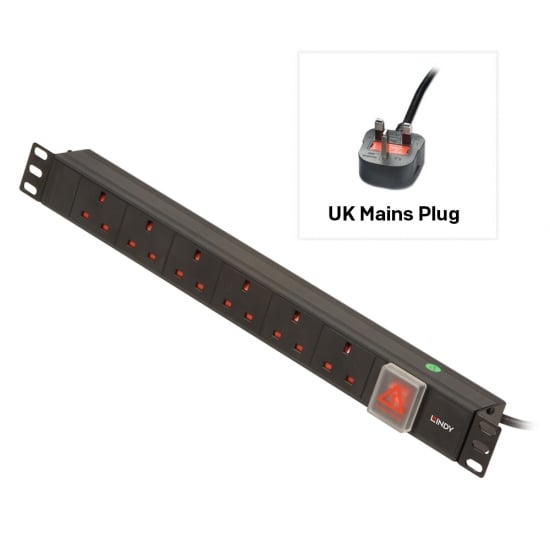 1U 6 Way UK Sockets, Horizontal PDU with UK Plug