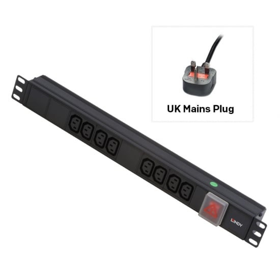 1U 8 Way IEC Sockets, Horizontal PDU with UK Mains Plug