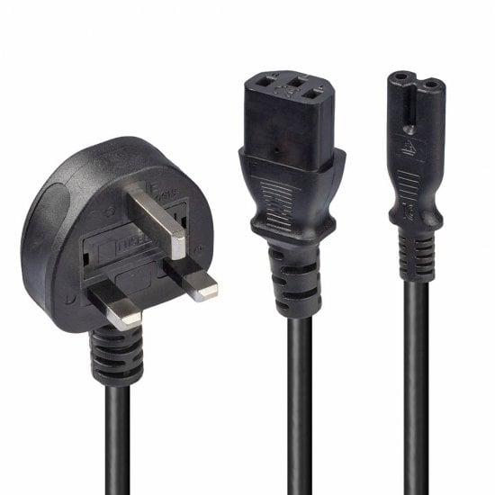 2.5m UK 3 Pin Plug to IEC C13 & IEC C7 Splitter Extension Cable, Black