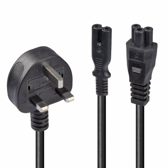 2.5m UK 3 Pin Plug to IEC C5 & IEC C7 Splitter Extension Cable, Black