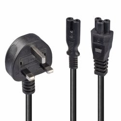 2.5m UK 3 Pin Plug to IEC C5 & IEC C7 Splitter Extension Cable, Black
