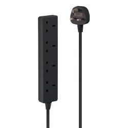 2m 4-Way UK Mains Power Extension, Black