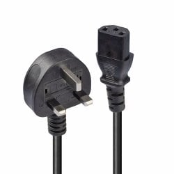 2m UK 3 Pin Plug To IEC C13 Mains Power Cable, Black